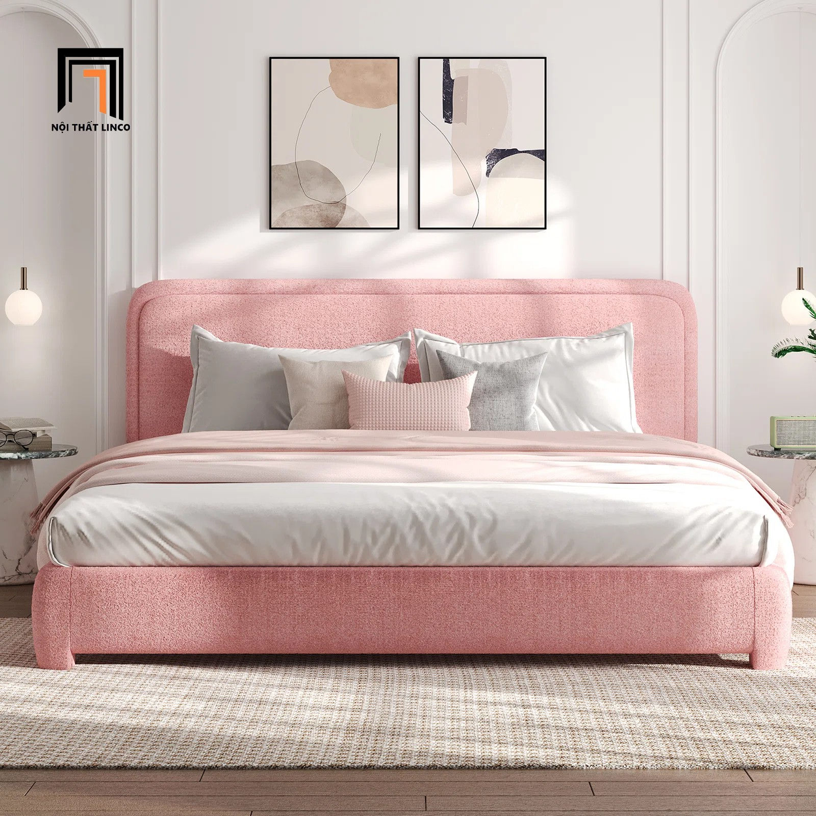 Giường ngủ xinh xắn gia đình GN89 Mistam vải nỉ màu hồng