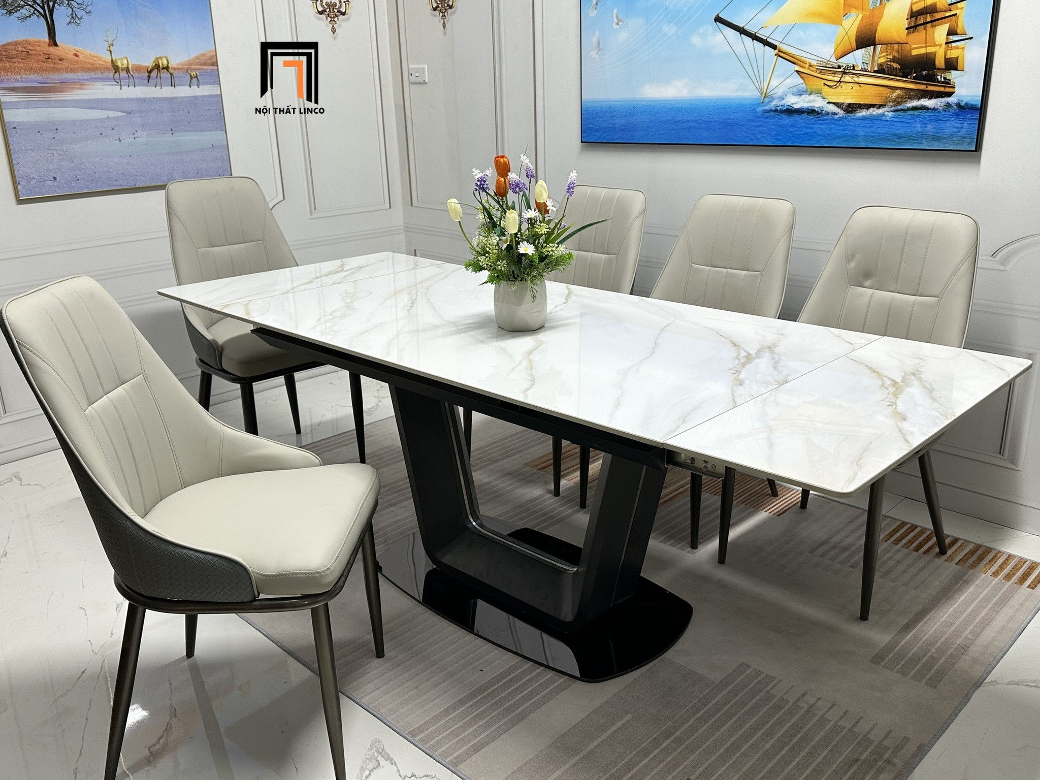 Bộ bàn ăn chữ nhật kéo dài 49-BAD6-G39-B85 6 ghế ngồi