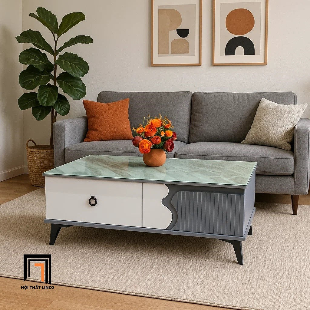 Bàn trà hình hộp 1m x 50 BTPK67 Ingail kính giả đá cao cấp