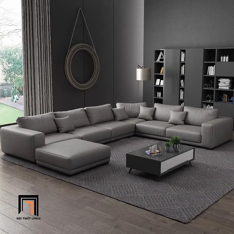 Hình thu nhỏ: Bộ ghế sofa chữ U sang trọng U23 Paulina 3m da giả xám đen