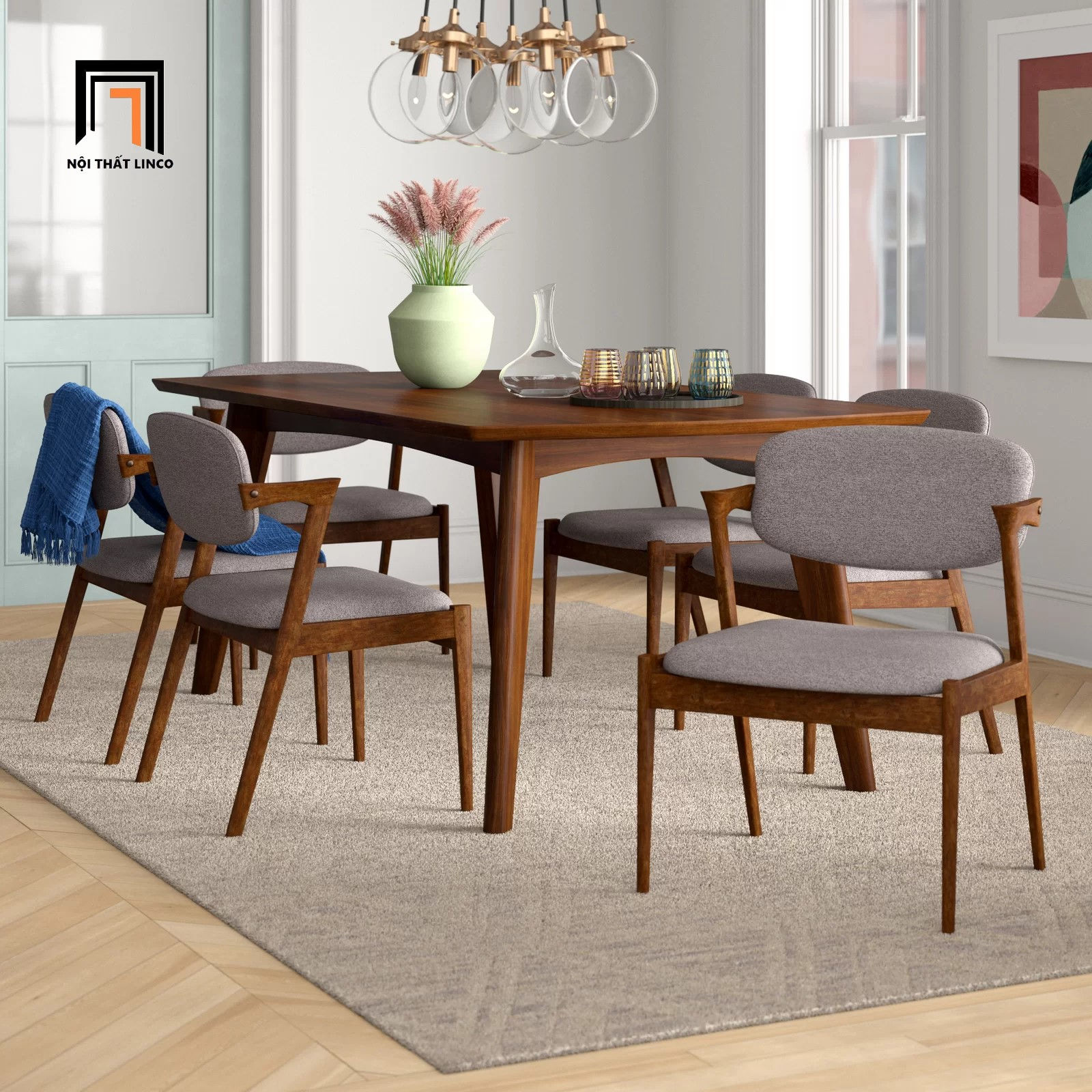 Bộ bàn ăn 6 người 32-KH6-G43-B108 ghế ngồi bọc nệm vải