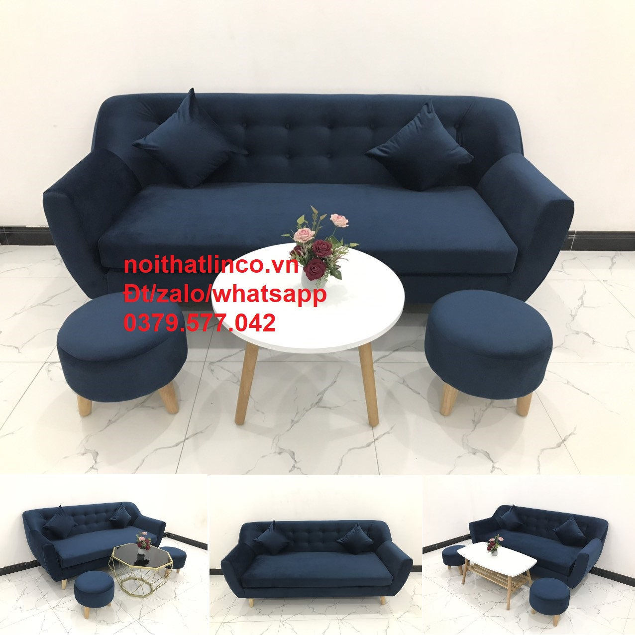 Bộ bàn ghế sofa băng NL (văng) xanh dương đậm vải nhung