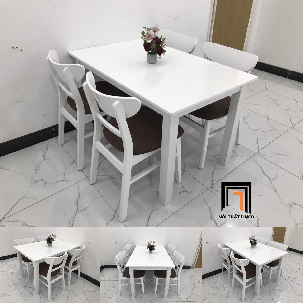 Bàn ăn 10-KH4-G3-B108-trangsi 4 ghế gỗ cao su tự nhiên