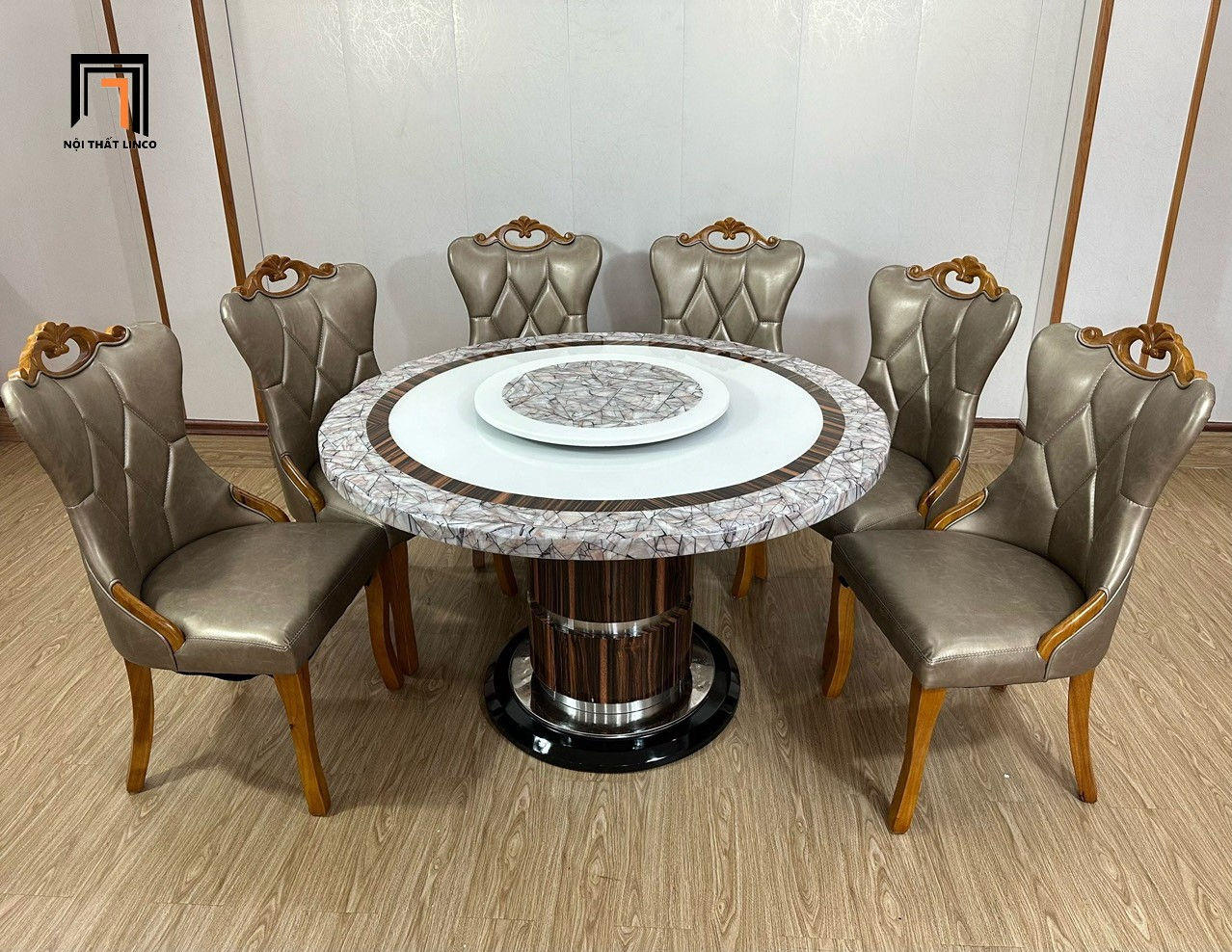 Bộ bàn ăn mặt đá tròn xoay GF34-BAD6-G321-B363 6 ghế