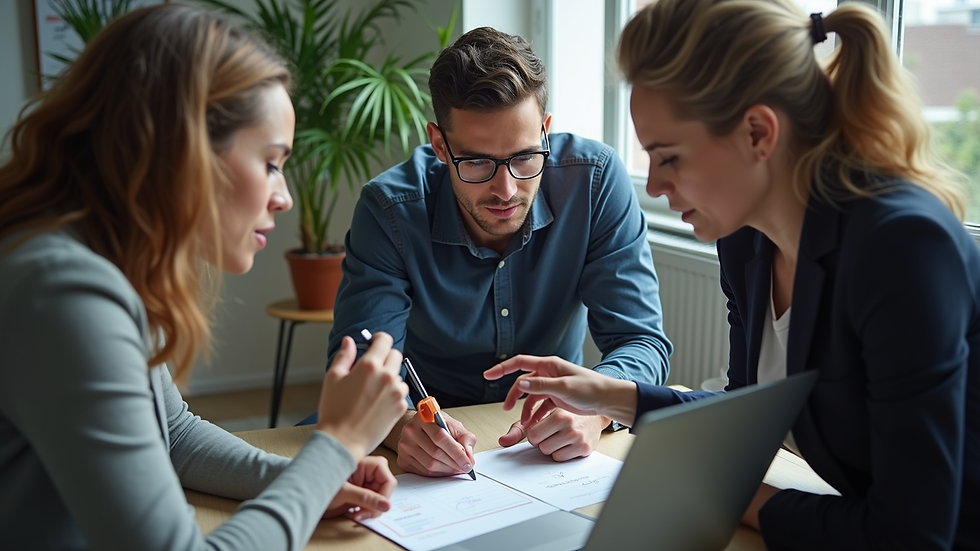 High angle view of a digital marketing team brainstorming around a laptop