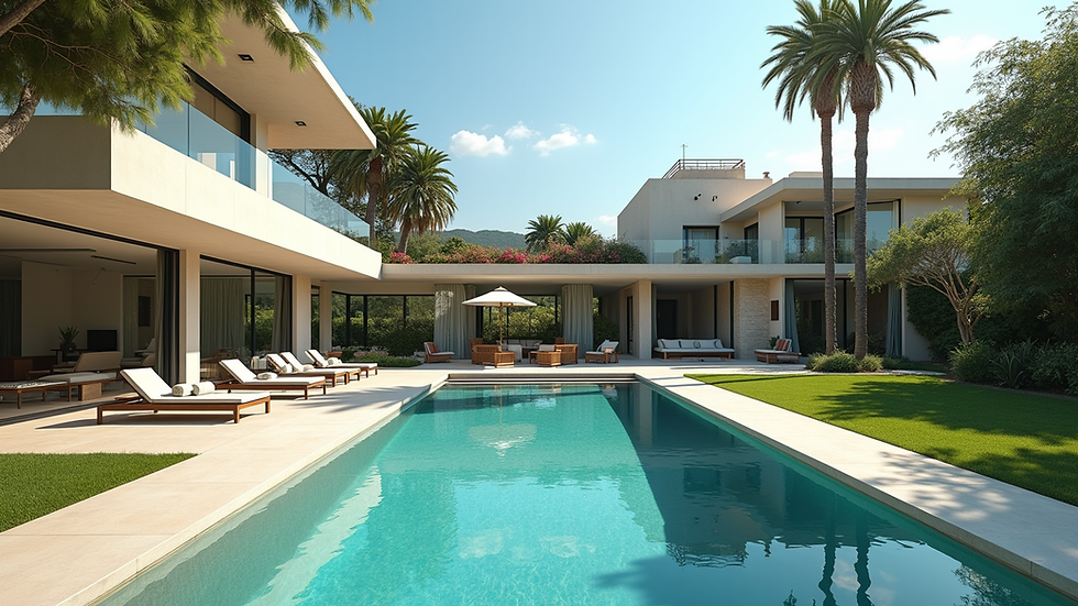 Eye-level view of a luxurious villa with a private pool and garden