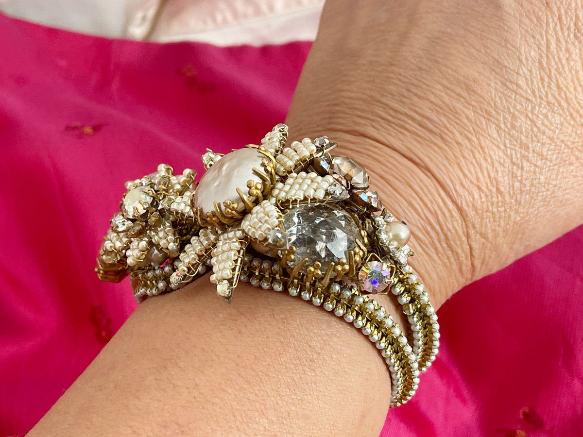 Vintage Miriam Haskell Glass Baroque Pearl Floral Statement Clamper Bracelet