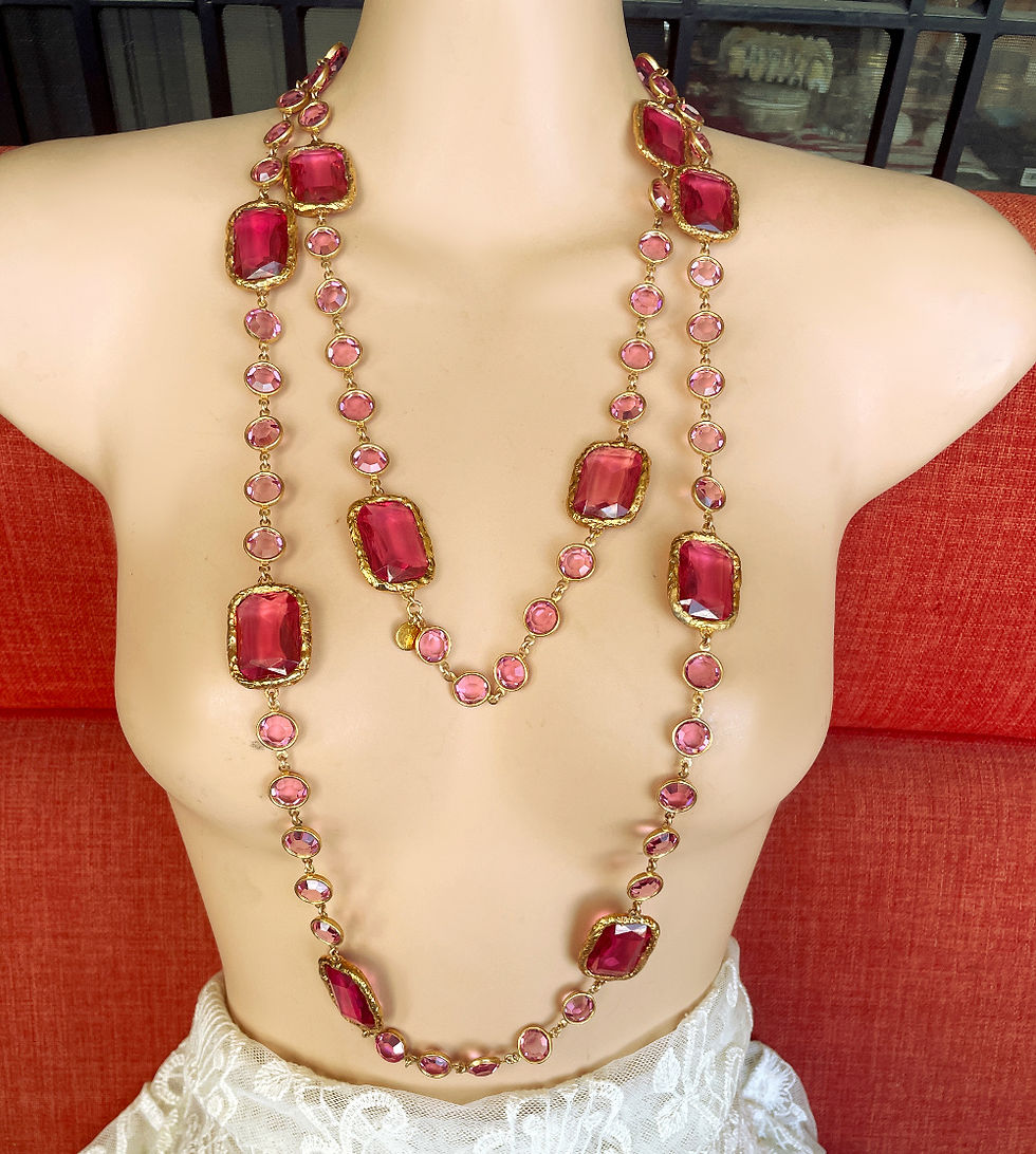 Thumbnail: 1981 Vintage CHANEL Rose Pink Crystal Sautoir Flapper Necklace