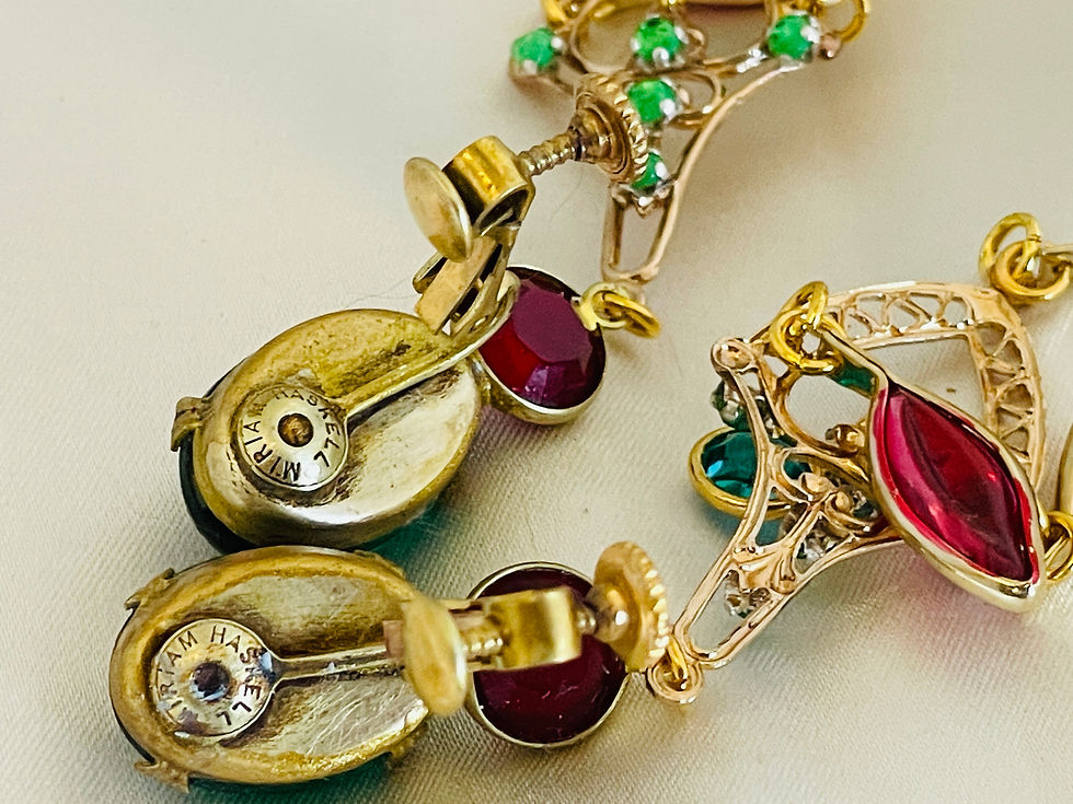 Thumbnail: Vintage Miriam Haskell Emerald Green - Siam Red Crystal Chandelier Earrings