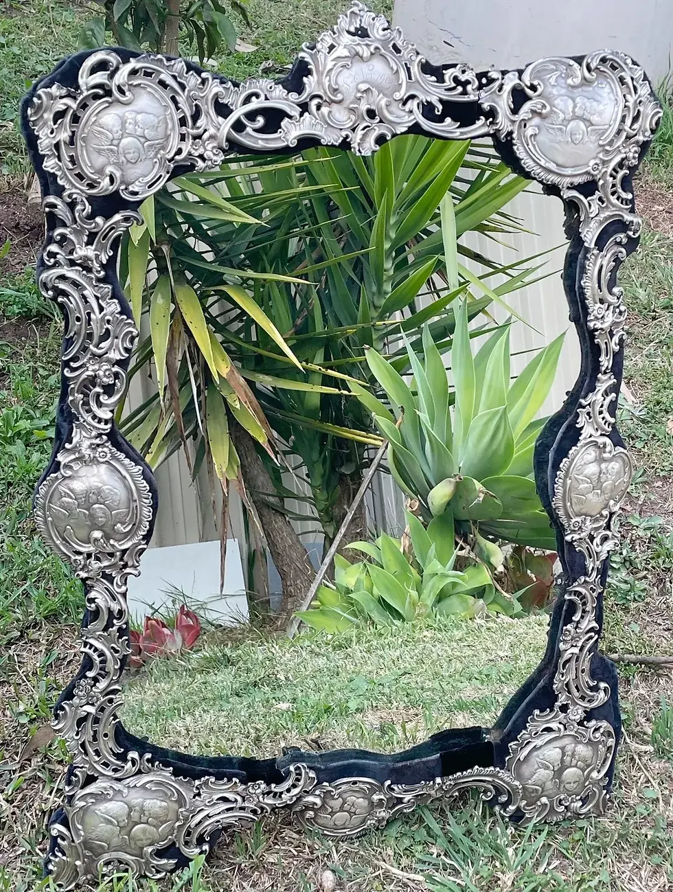 Thumbnail: Antique WILLIAM COMYNS Rococo Style Silver Cherubs Large Dressing Mirror c 1903