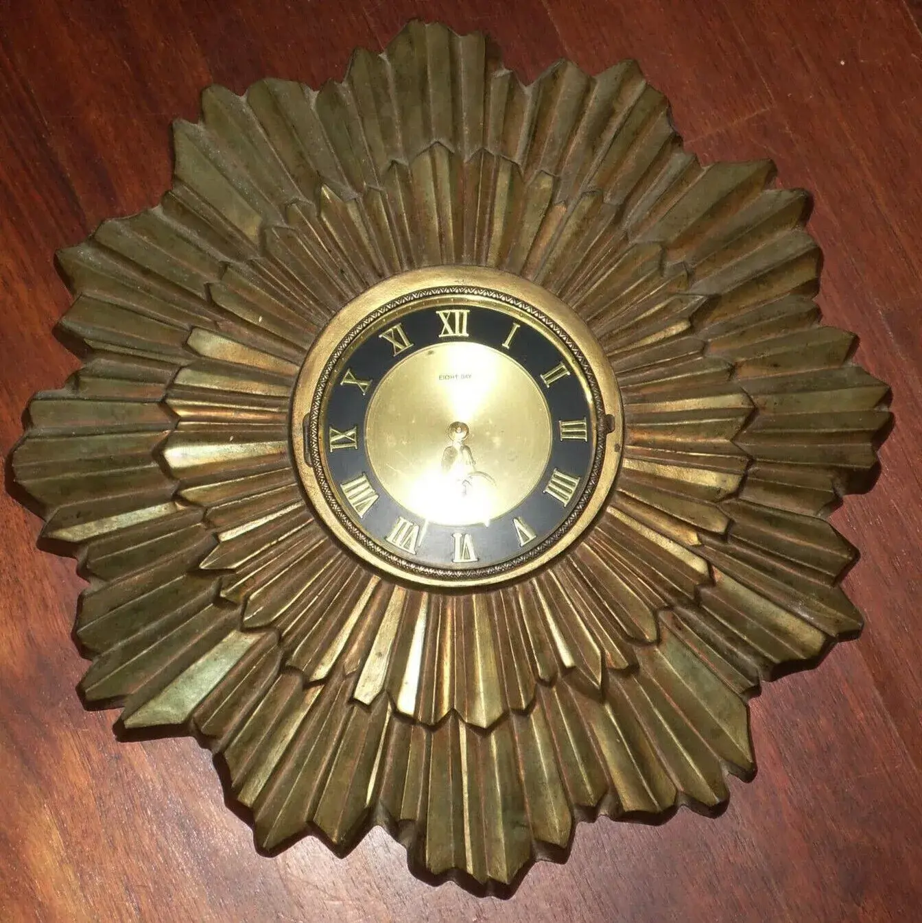 Vintage Ormolu Gilt Bronze SUNBURST Wall Clock 16 1/2" dia 8 Jewels