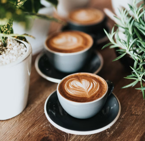 Two cups of specialty coffee with latte art, creating a warm and inviting café atmosphere surrounded by natural greenery.