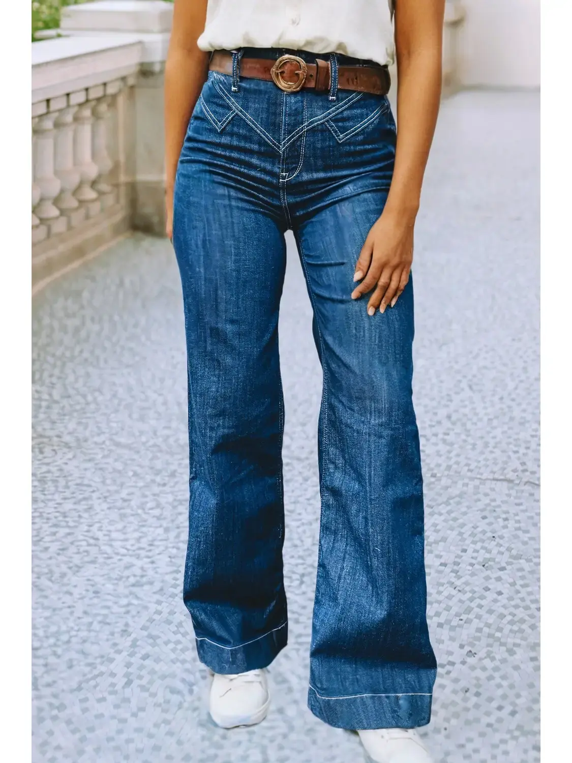 Stitched Waist Detail Loose Cuffed Jeans
