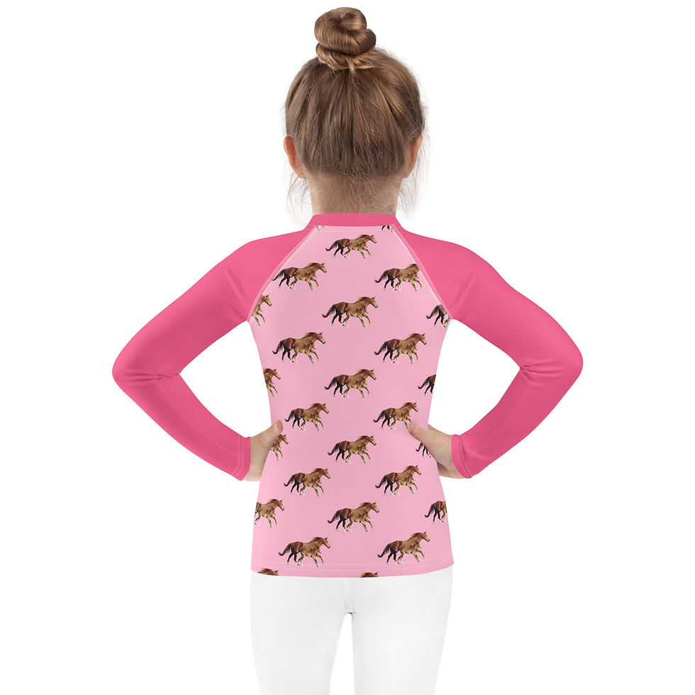 Thumbnail: Mare and Foal Horse Running Patterned Pink Kids Rash Guard
