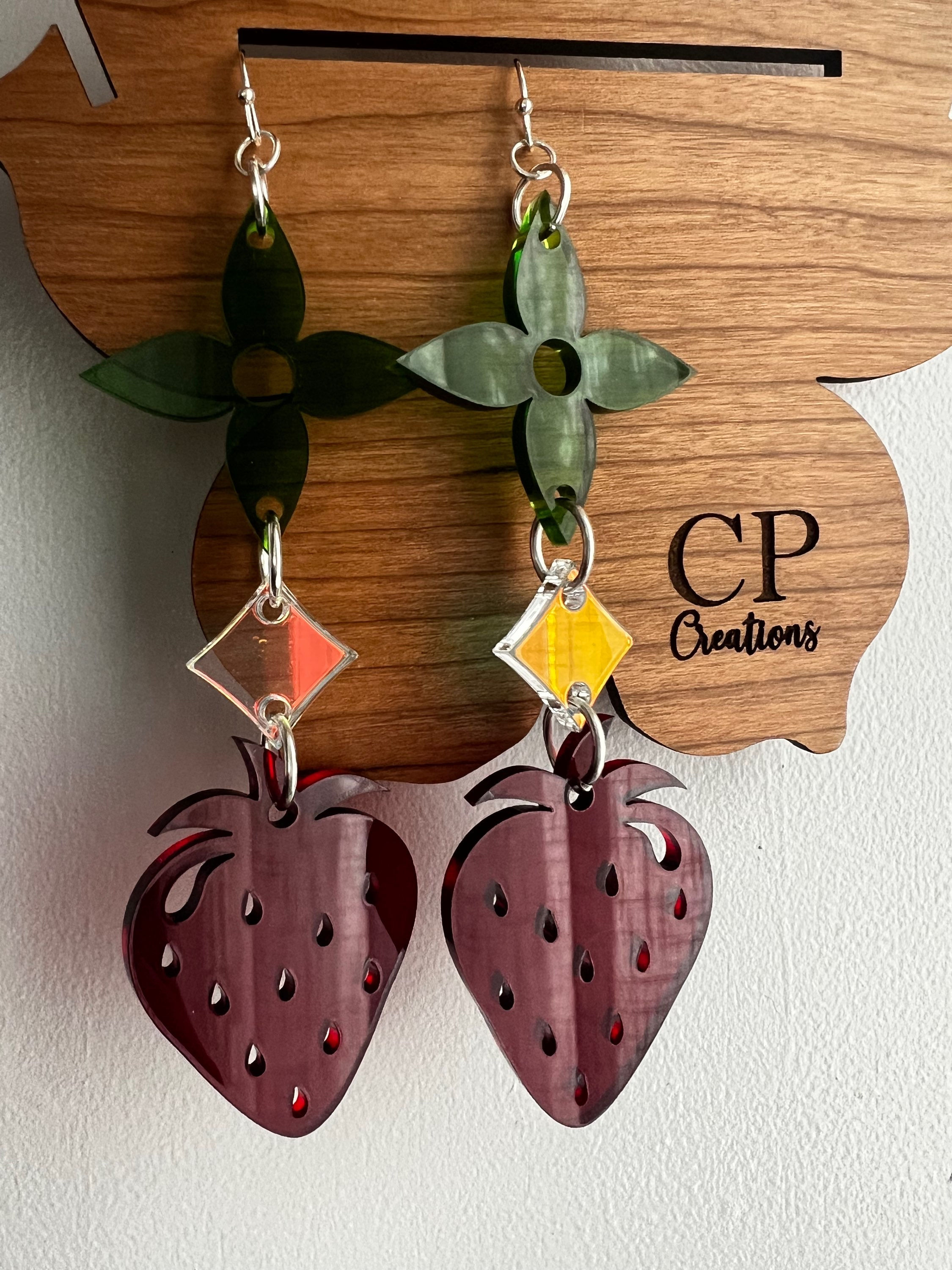 Green Floral Strawberry Earrings #07