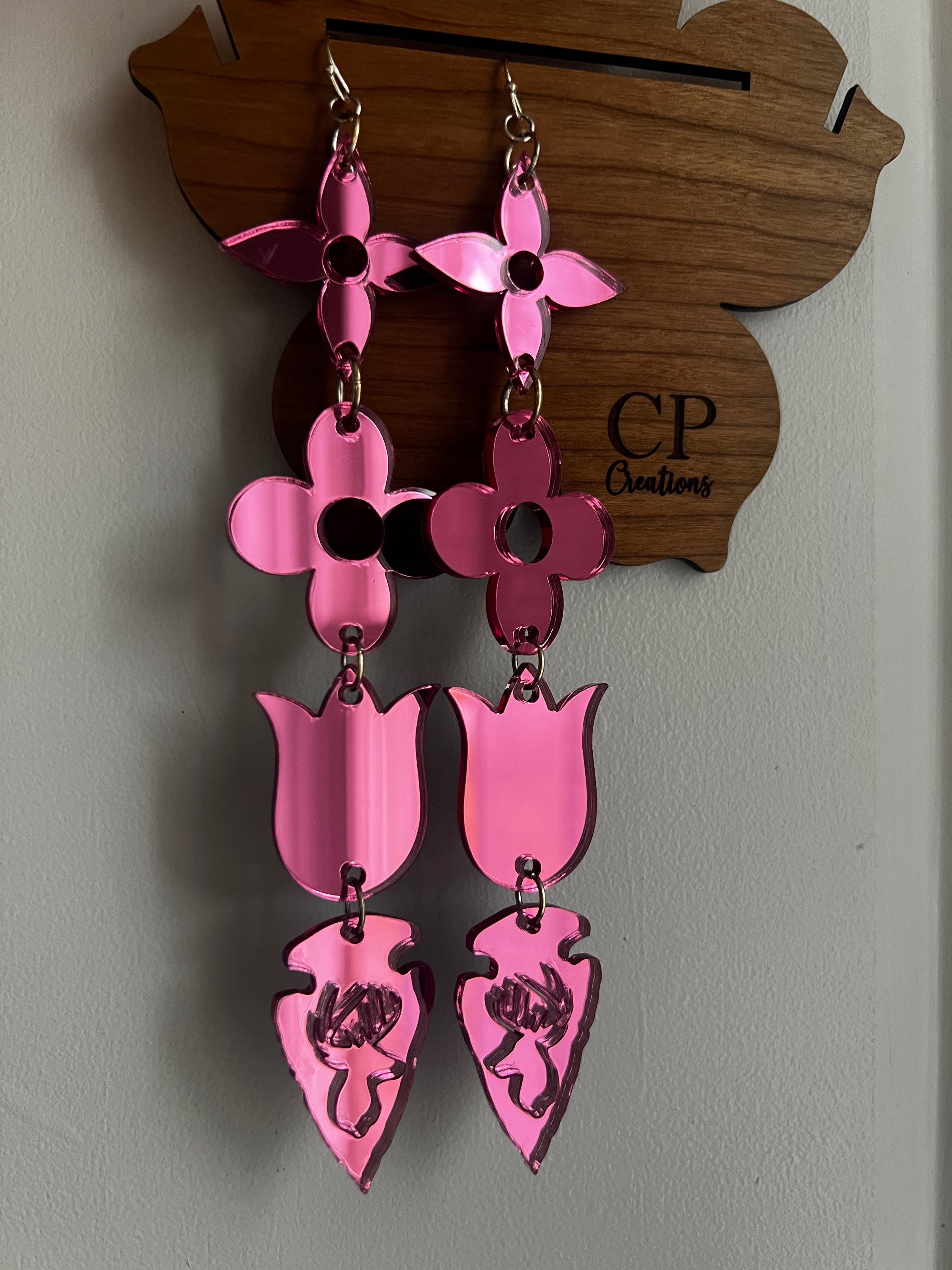 Pink Mirrored Acrylic Floral with Deer Earrings