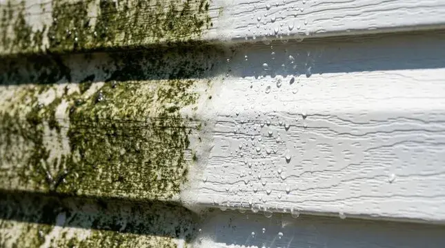 A partially-soft-washed wall.