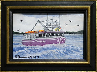 Purple lobster boat painted by Sharon Bourque. "Amethyst". 2023.