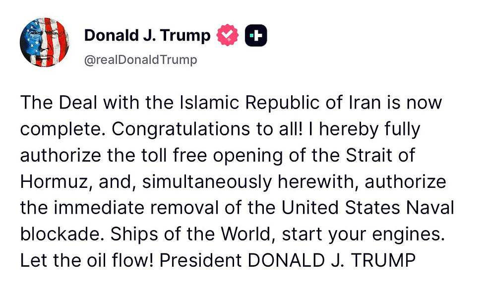 “Trump declara alcanzado un pacto de paz con Irán: el petróleo volverá a fluir por el Estrecho de Ormuz.”