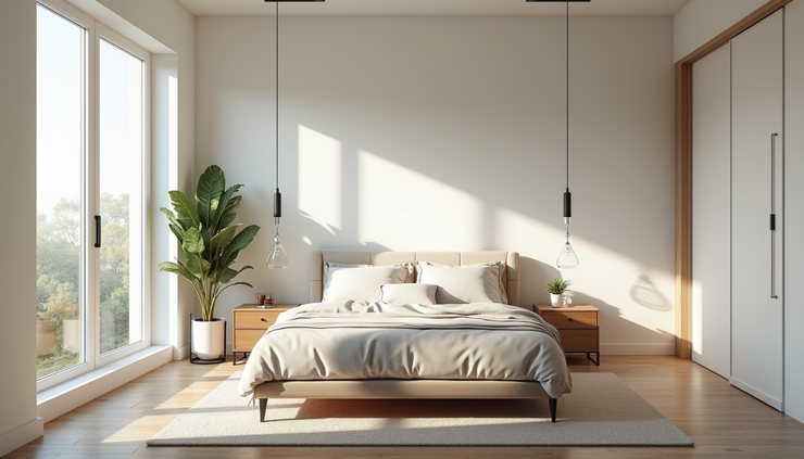 Vista aérea de um quarto minimalista com móveis simples e decoração clean