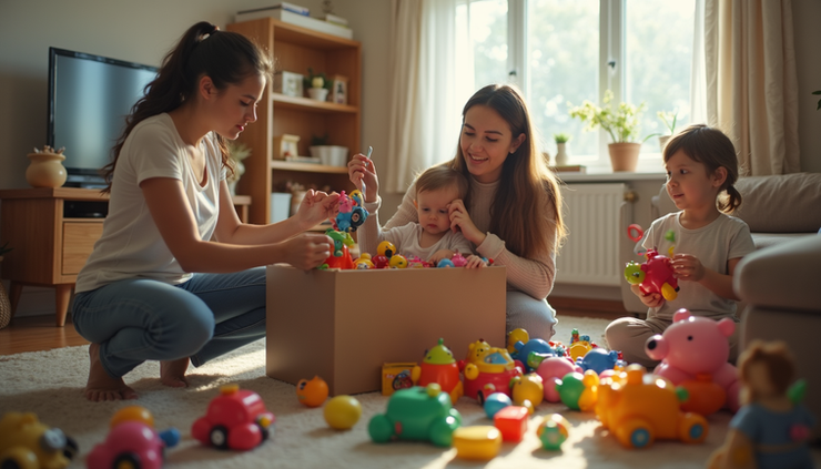 Vista aérea de família organizando brinquedos para doação em sala de estar