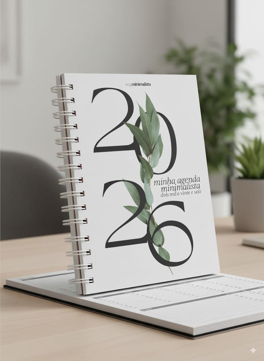 Agenda Minimalista 2026 — capa fechada, formato 15x21 cm
