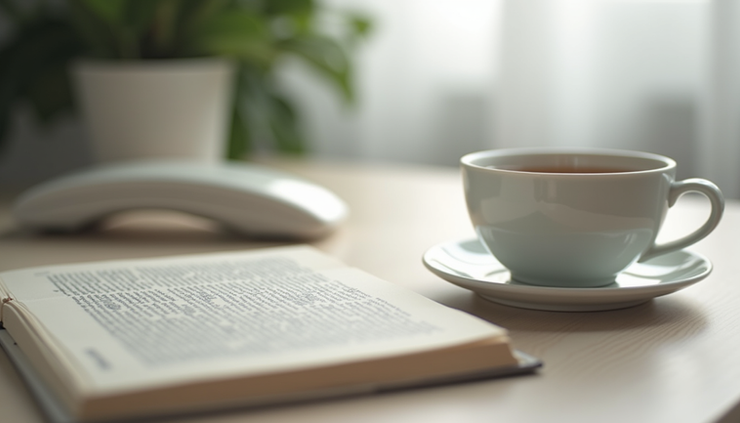 Mesa com poucos objetos, incluindo um livro, uma xícara de chá e um celular desligado