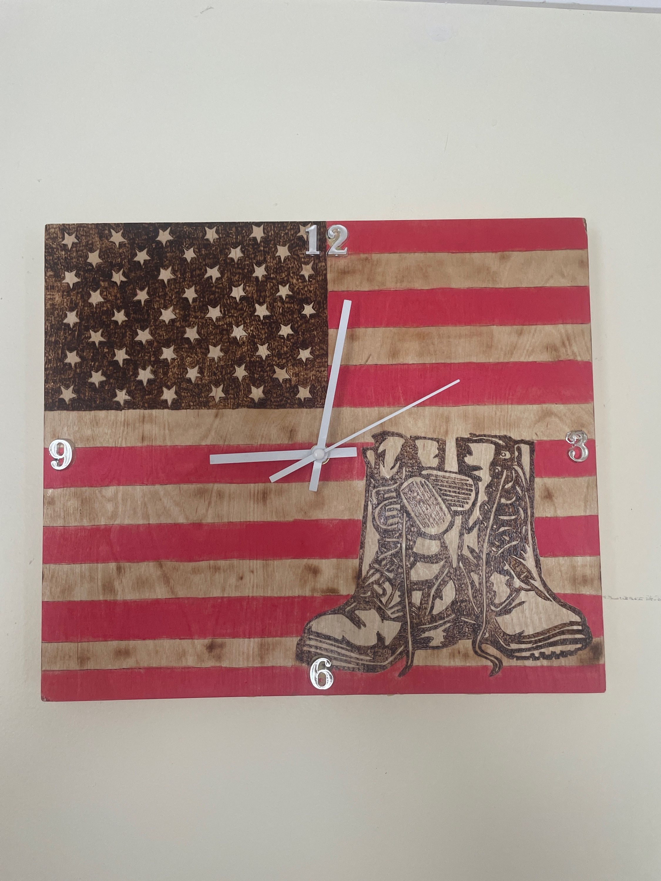 Woodburned military clock flag 