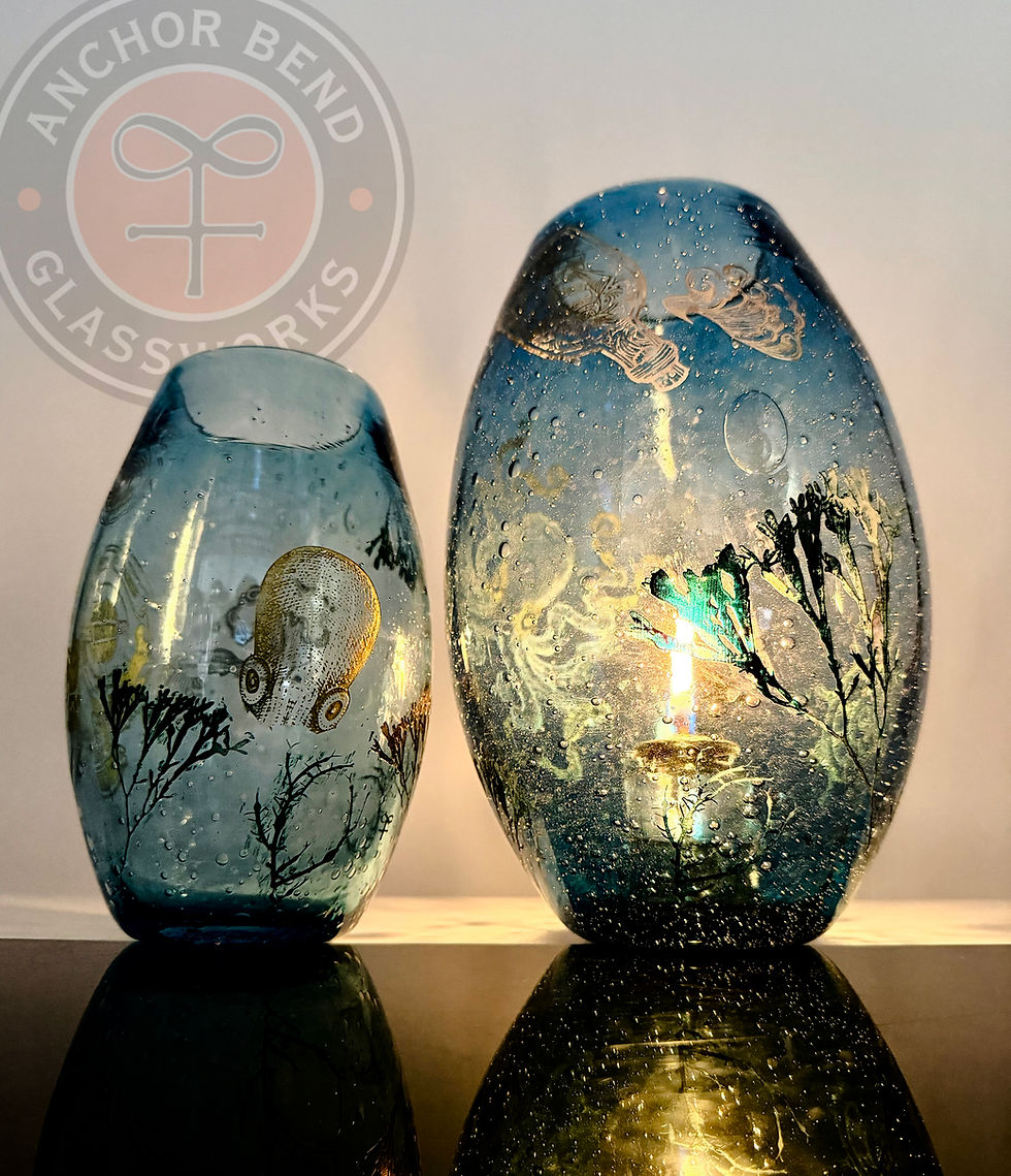 hand blown glass sea bubble votive gift vase anchor bend glassworks art newport ri Octopus Seaweed illustration sandblast