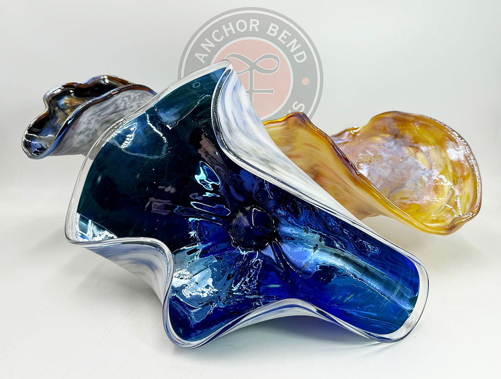 Thumbnail: Hand Blown and Sculpted glass Shell Sculpture Iridescent sandblasted frosted shimmery made in USA Newport RI Anchor Bend