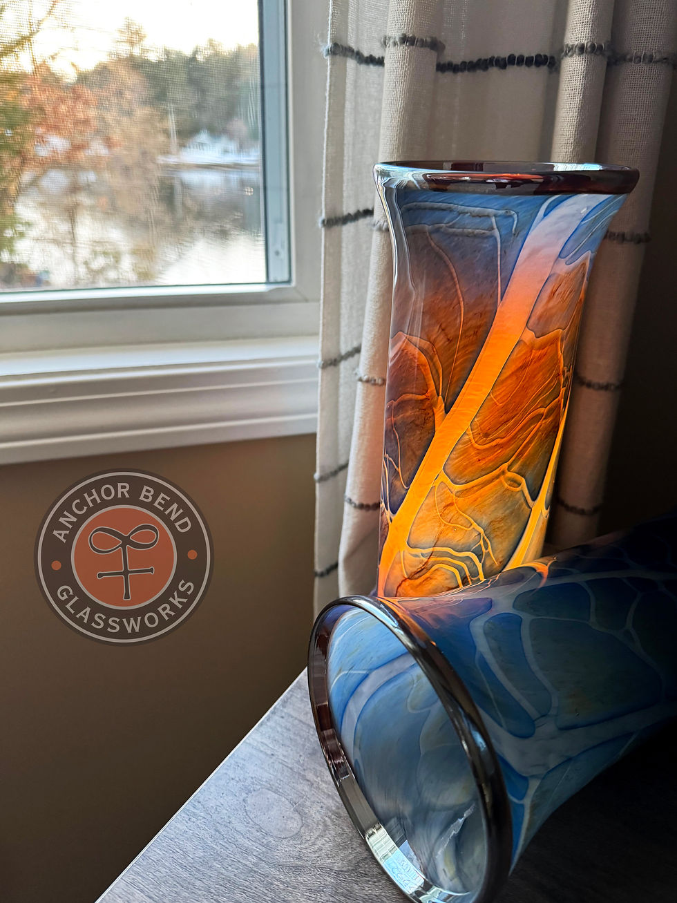 Thumbnail: hand blown glass blue 22 bowens vase gift anchor bend glassworks art vessel made in newport rhode island