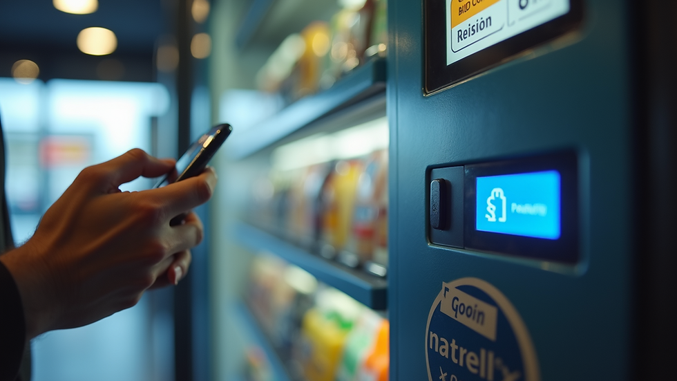 Close-up view of a modern vending machine with digital payment options