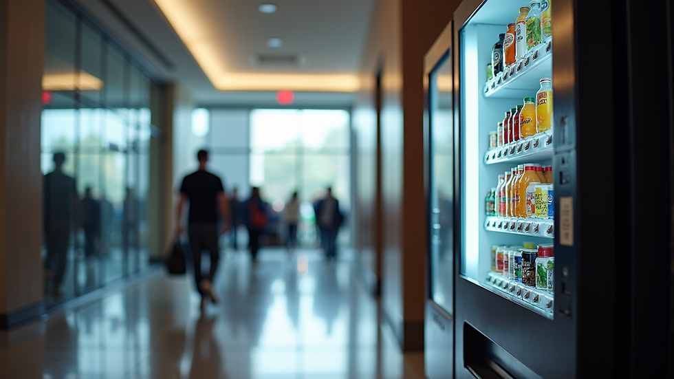 High angle view of a vending machine placed in a busy office lobby