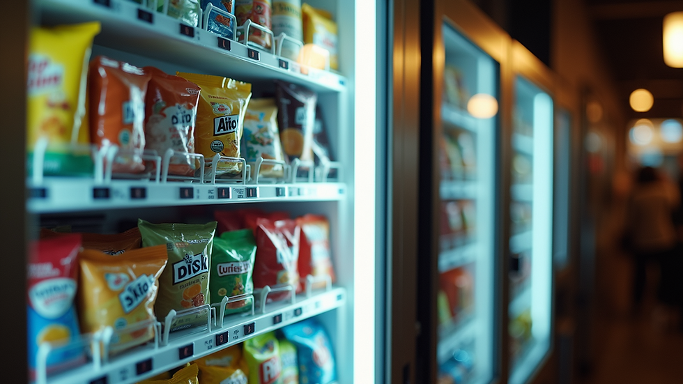 Eye-level view of a vending machine stocked with various snacks