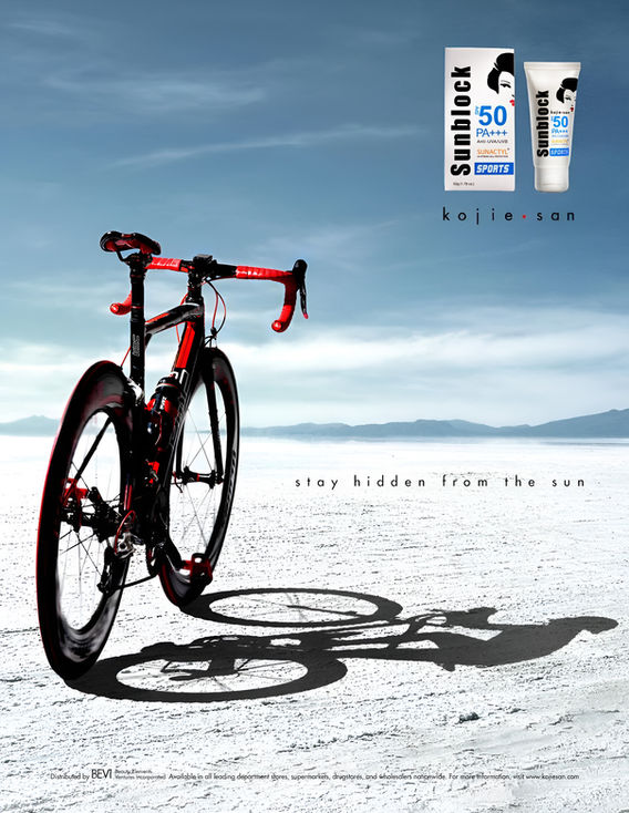 Kojie-san, Sunblock, summer, protection, Shadow, invisible, hidden from the sun, bike, desert, sand, salt flats, photography, product shot, photo editing