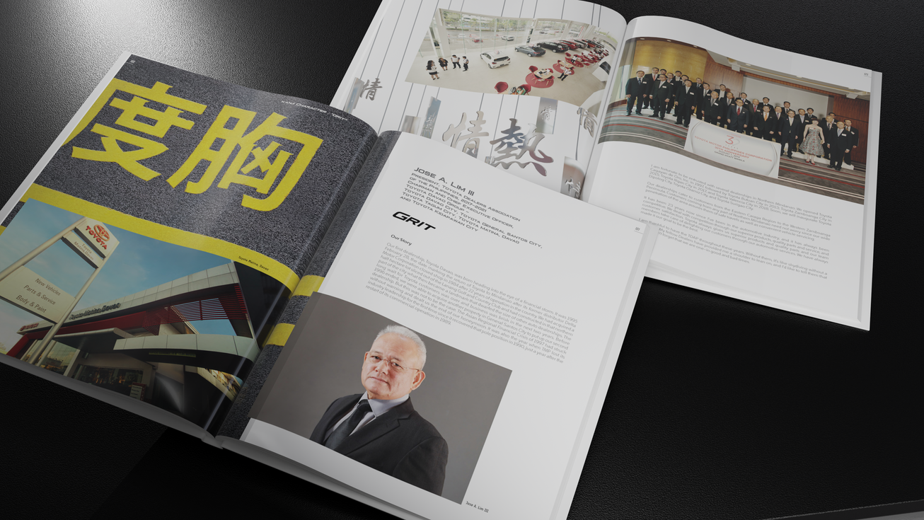 Toyota, TDAP, TDA, Toyota Dealers Association of the Philippines, Coffee Table Book, cover design, book layout, publisher, writer, photography, graphic design, car emblem, Kanji symbols, values, japanese, grills tribal, inside pages, history, publisher, writer, logo design