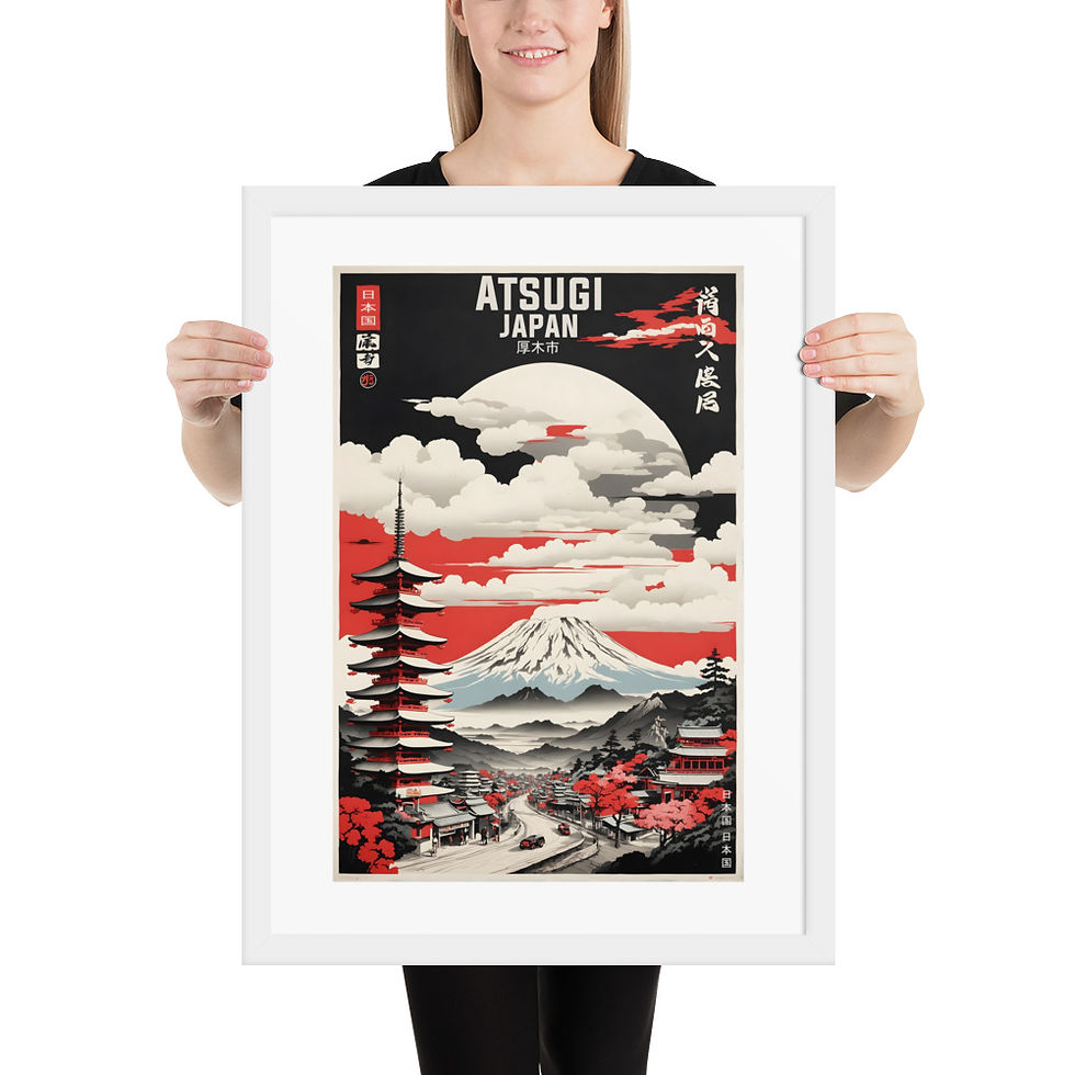 Thumbnail: Framed poster of Atsugi Japan with mountain landscape, trees, and buildings in red, white, and black colors, in a black matte frame.