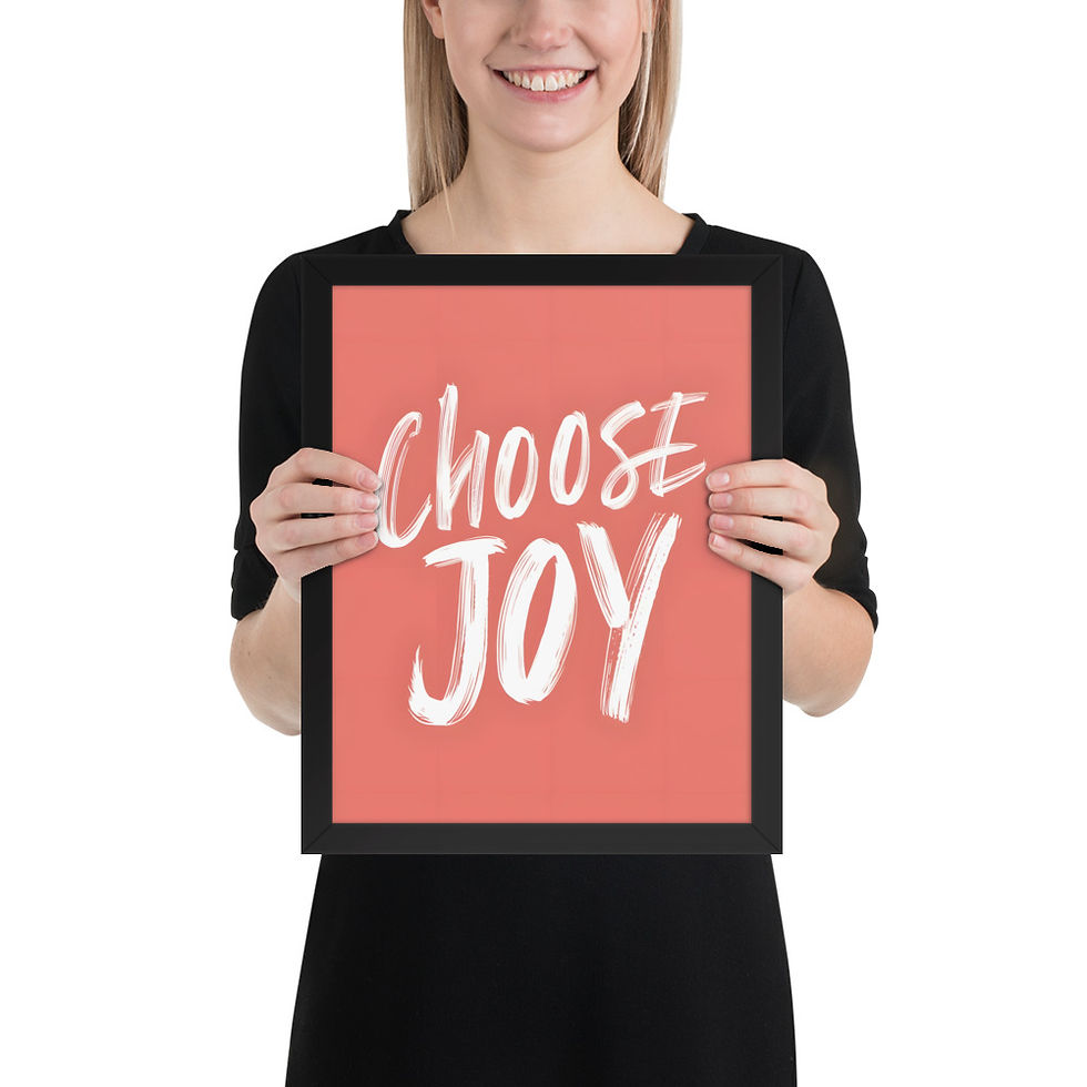 Thumbnail: Framed poster with salmon background and white text reading "Choose Joy" in a black matte frame, ideal for framed wall art and home decor.