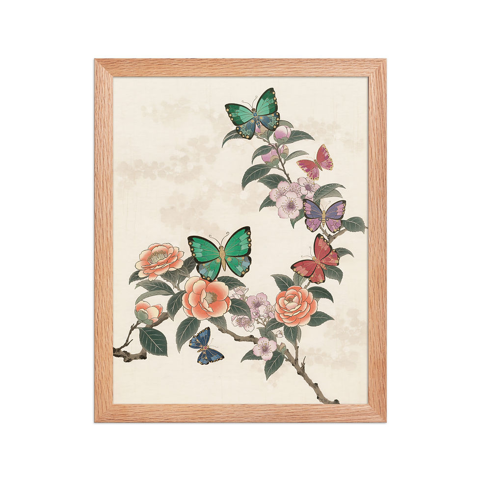 Thumbnail: Framed Butterflies Art Print by Frameifi, a framed wall art featuring colorful butterflies and flowers, ideal as framed poster or wall art.
