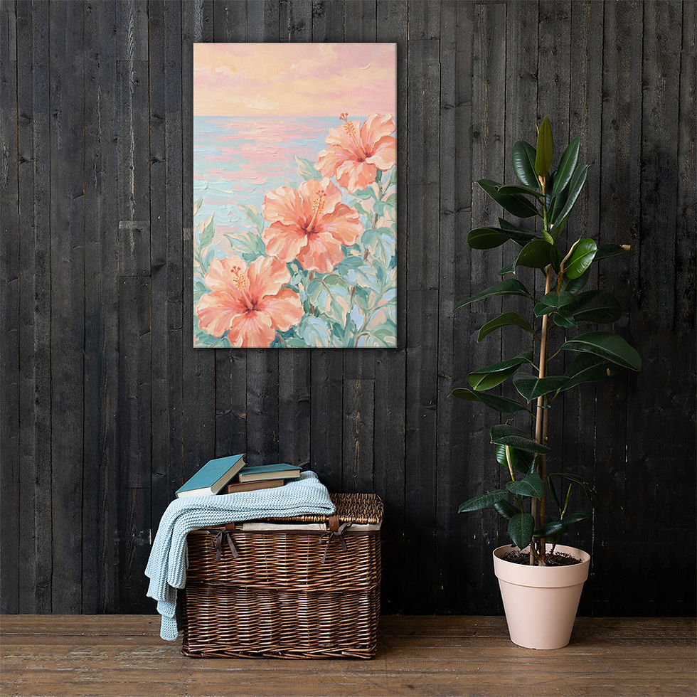 Thumbnail: Tropical Hibiscus Ocean Sunset Canvas - Coastal Floral Beach Wall Art