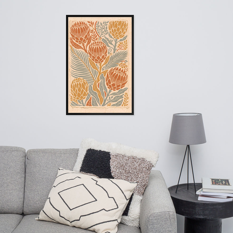 Thumbnail: Jewel Toned Protea Flowers Linocut Style Framed Mega Art