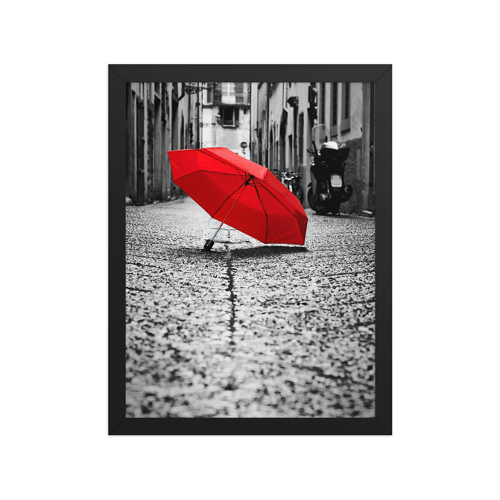 Framed poster of a red umbrella on a rainy street, in a matte black frame, framed art, wall art, framed wall art.