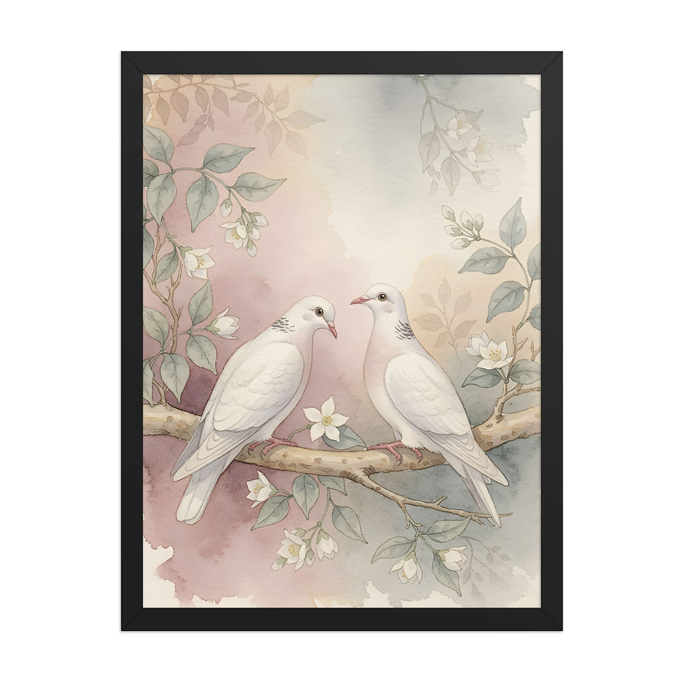 Thumbnail: Framed nature wall art, Two Doves in a Tree, by Frameifi, featuring two white doves on a branch with flowers, in a black frame.