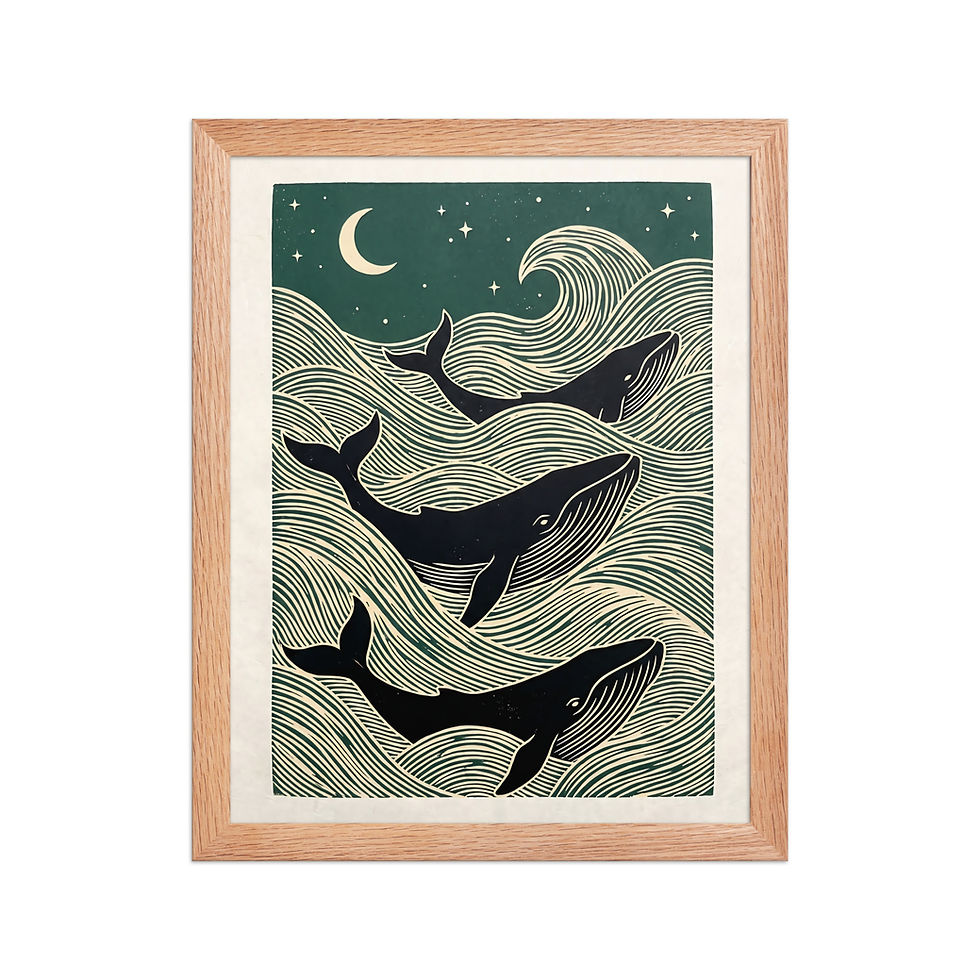 Minimalist Whale Art framed poster with matte black wooden frame, featuring three whales on green wave design with moon and stars.