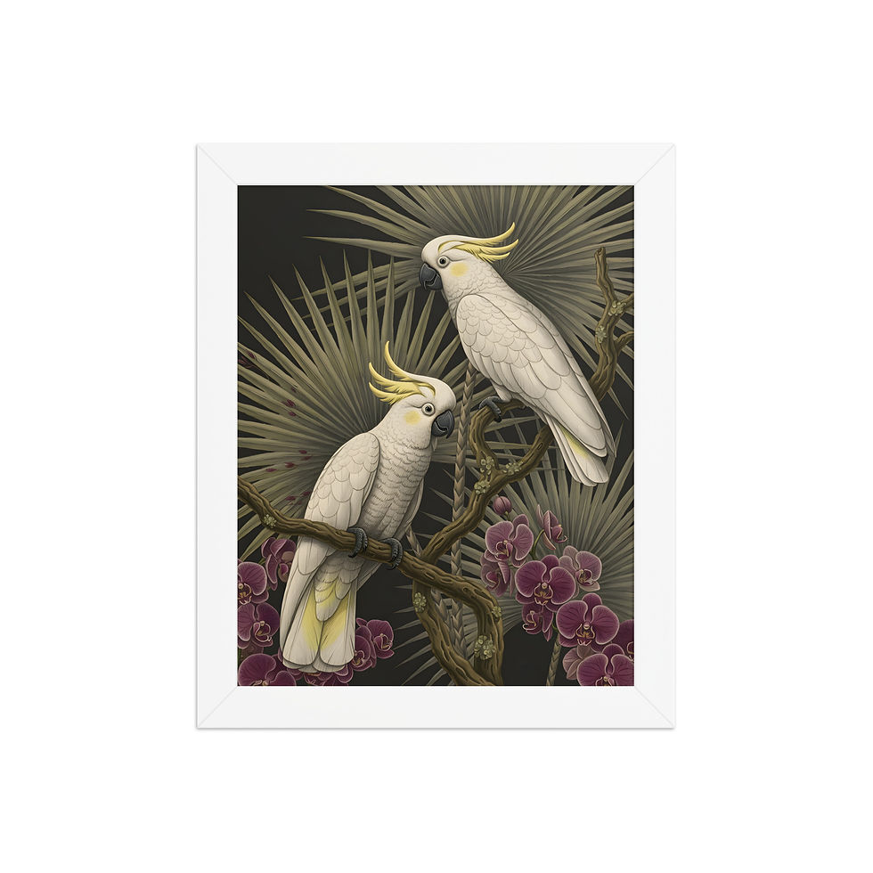 Thumbnail: Sulfur Crested Cockatoos framed poster, framed wall art, vibrant nature scene with two white cockatoos and purple flowers, Frameifi brand framed art.