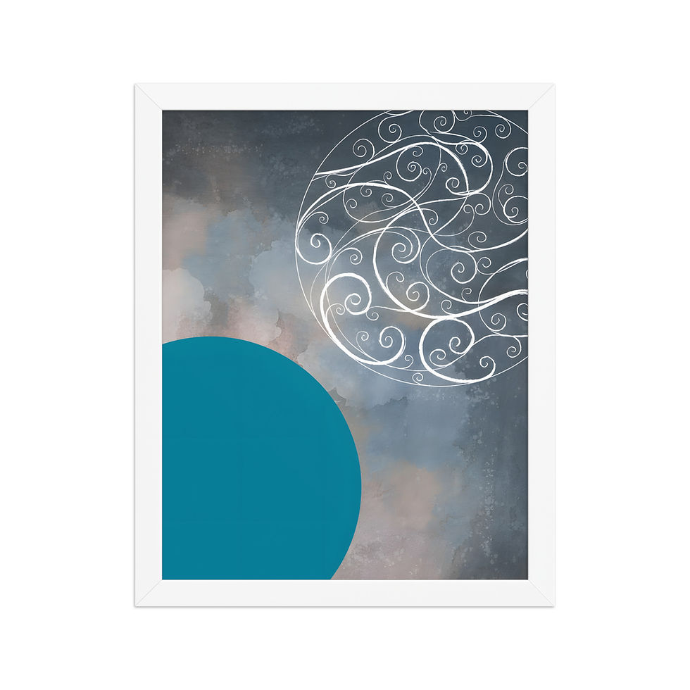 Thumbnail: Framed contemporary wall art featuring twin circles, one solid cobalt blue and the other with intricate white linework, in a black frame.