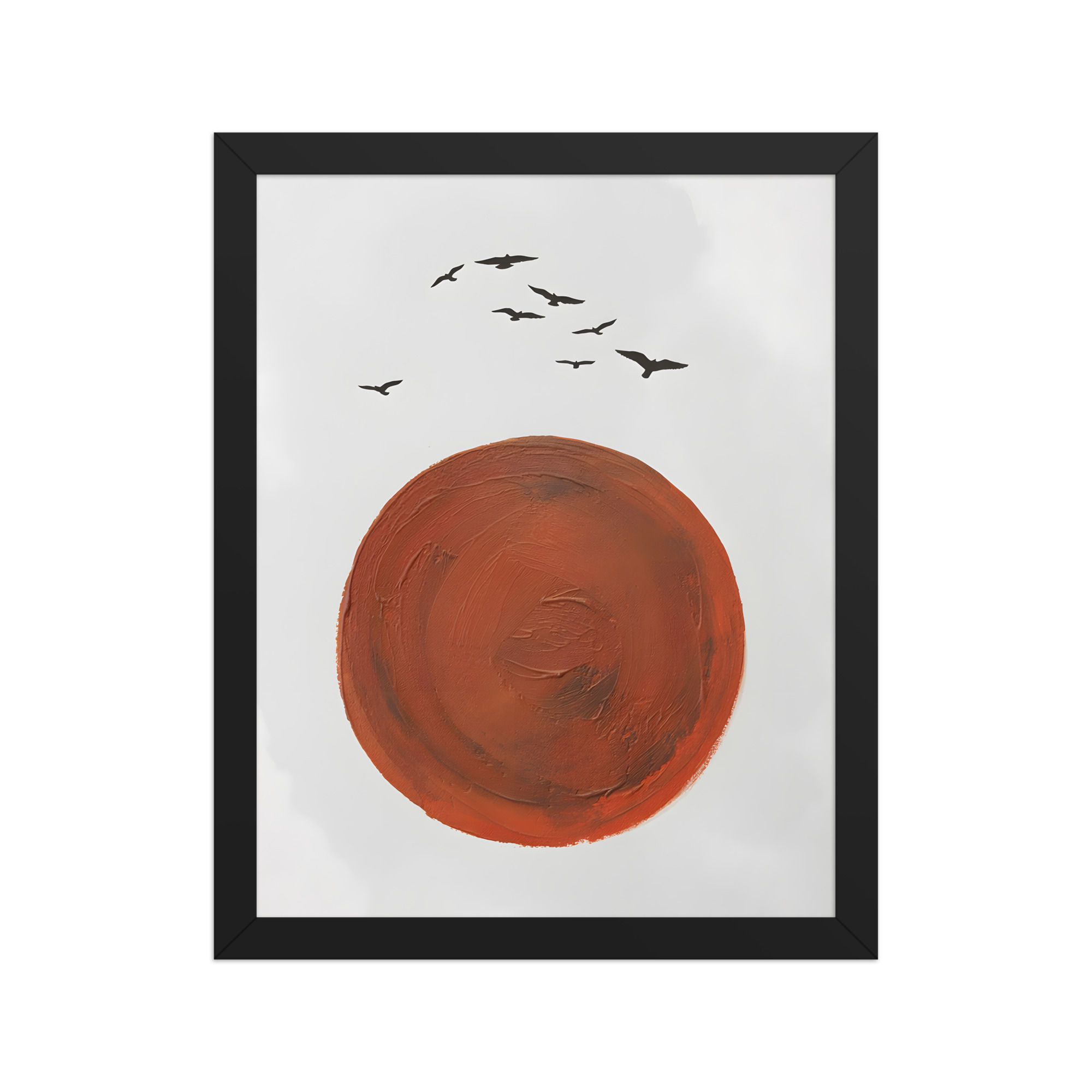 Red Sun in Brushstroke with Bird Flock Minimalist Art Print