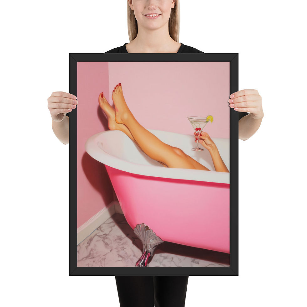 Thumbnail: Framed poster of a woman relaxing in pink bathtub with a cocktail, surrounded by black frame, ideal for bathroom wall art and framed art.