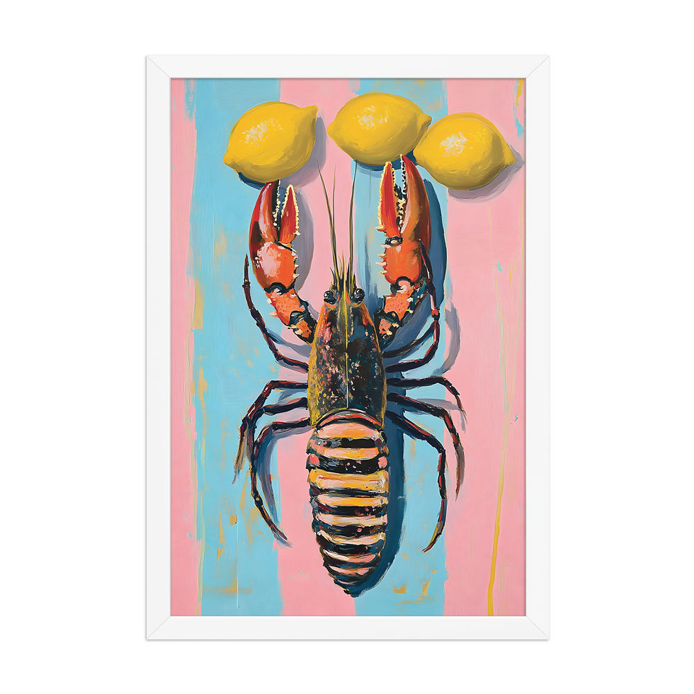 Thumbnail: Framed poster of lobster with lemons on pink and blue background, framed wall art, lobster for dinner themed wall art, framed art.