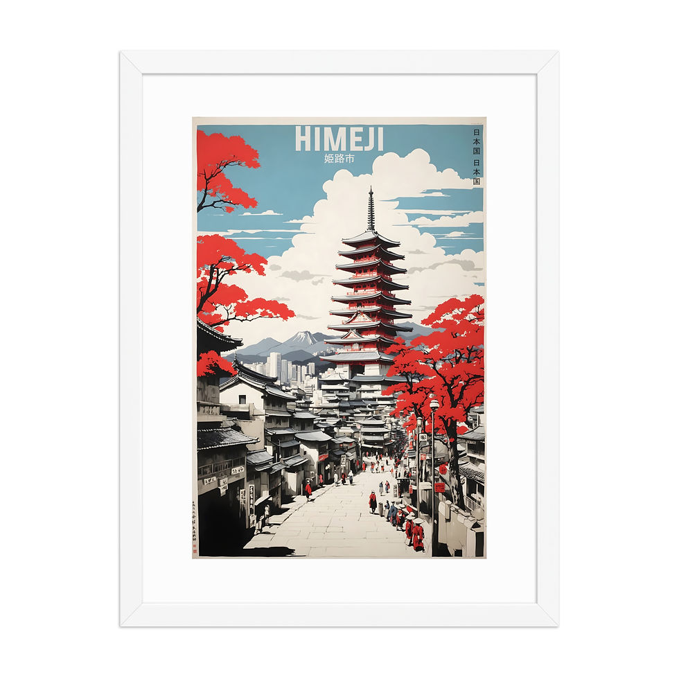 Thumbnail: Framed poster of Himeji pagoda with red trees and buildings, in a black matte frame, showcasing framed art and wall art.